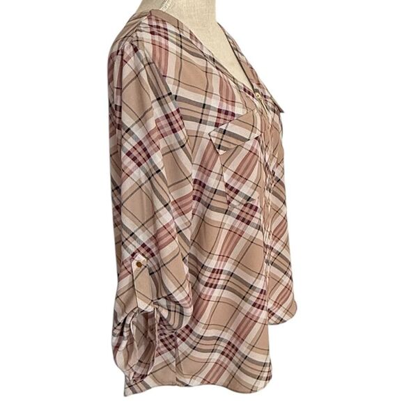 Cato, Lg, Plaid Pullover Blouse, 3/4 Roll Tab Sleeve, Gold 1/4 Zip V Neck, NWOT - Picture 4 of 6